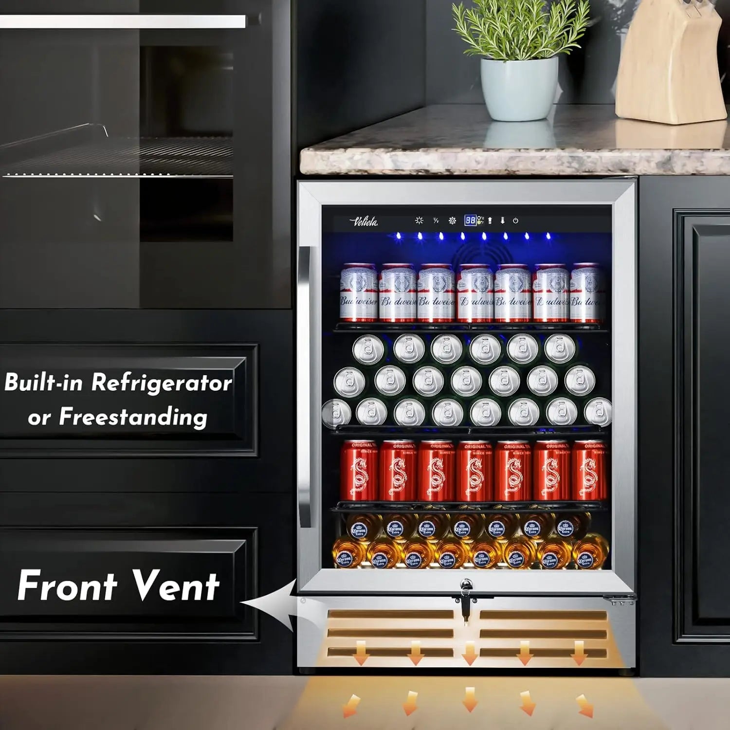 Torvani Store 24 Inch Beverage Refrigerator Cooler,210 Cans Wide Beverage and Beer Fridge with Glass Door and Powerful Cooling Compressor, Built-in/Freestanding Drink Fridge for Kitchen, Bar or Office
