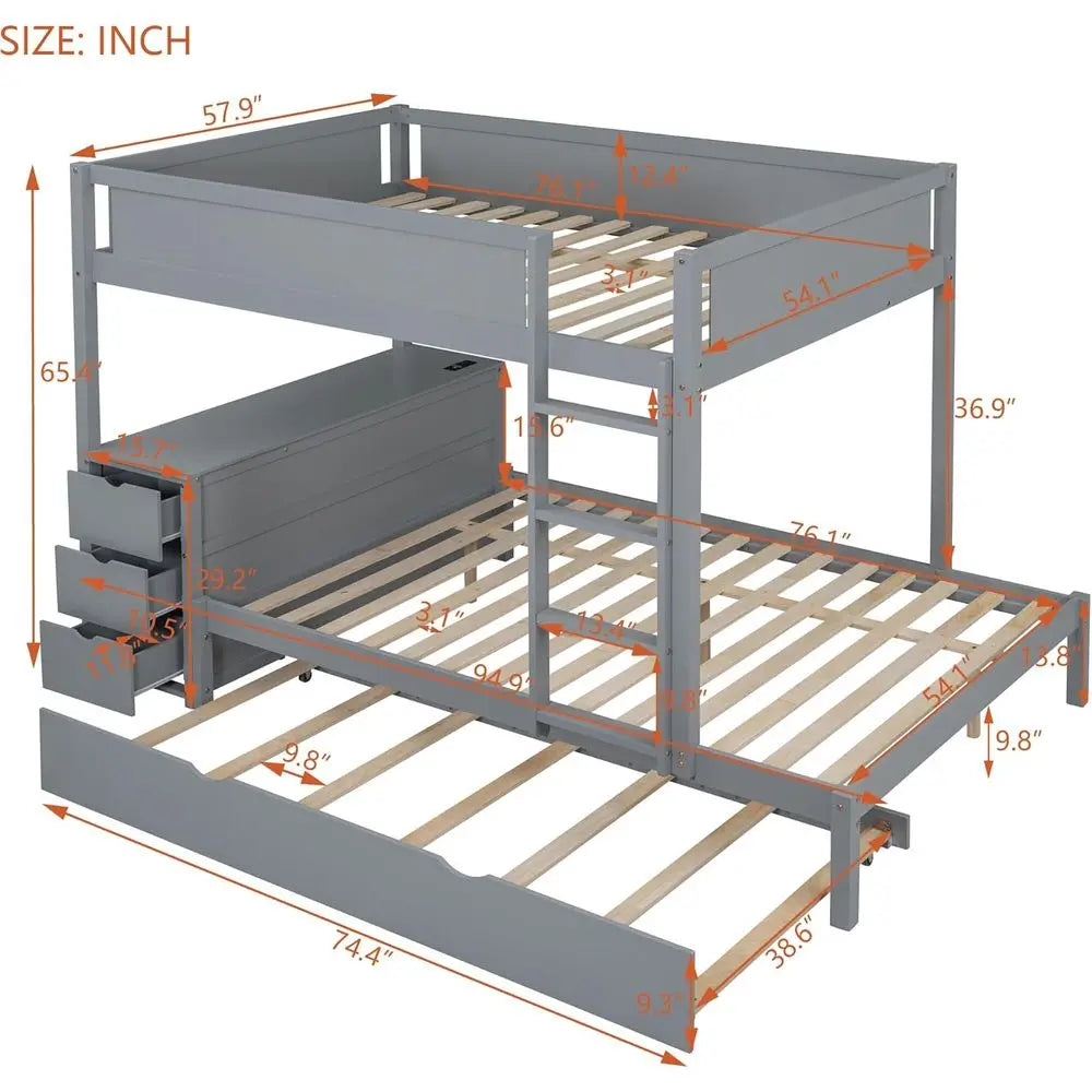 Gray Twin-Size Trundle Bunk Bed with Storage, Desk, and USB Ports