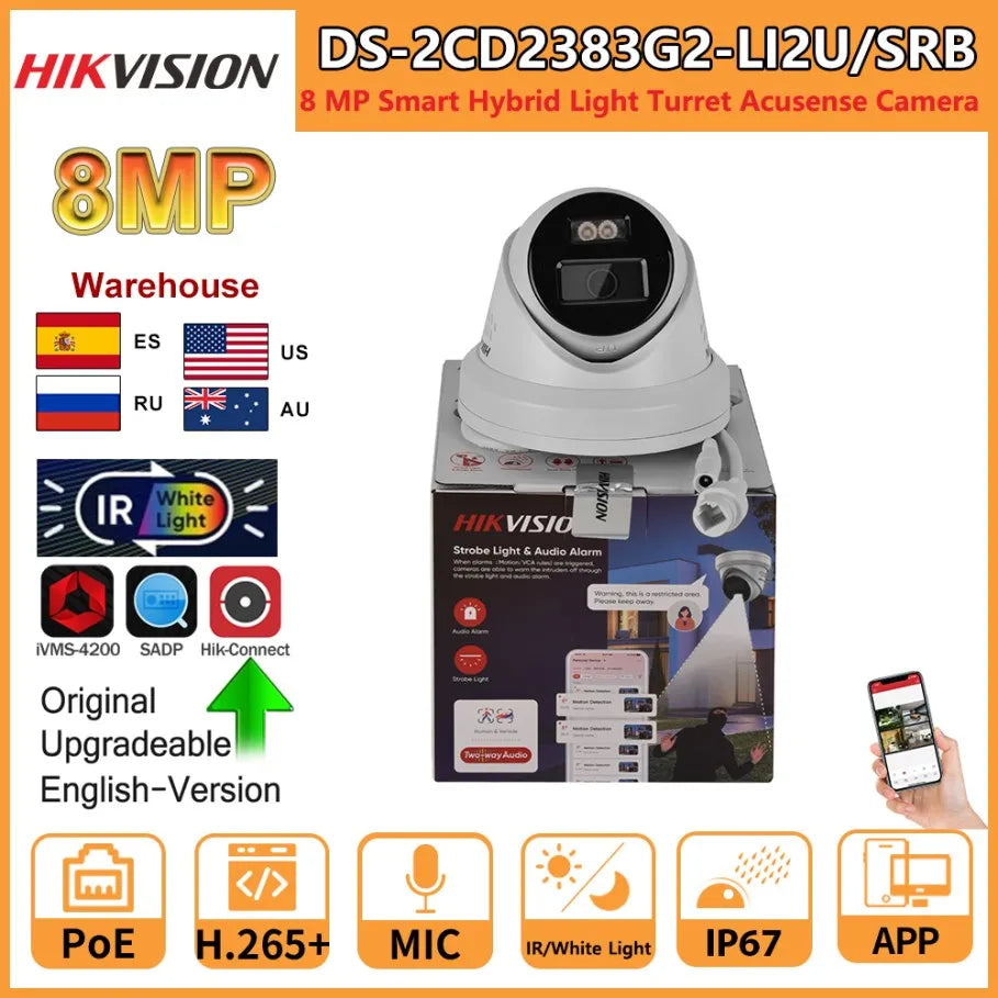 Hikvision 8MP IP Camera DS-2CD2383G2-LI2U/SRB Smart Hybrid Light Arrayed Mic Speaker Turret Acusense Red and Blue Light Warning
