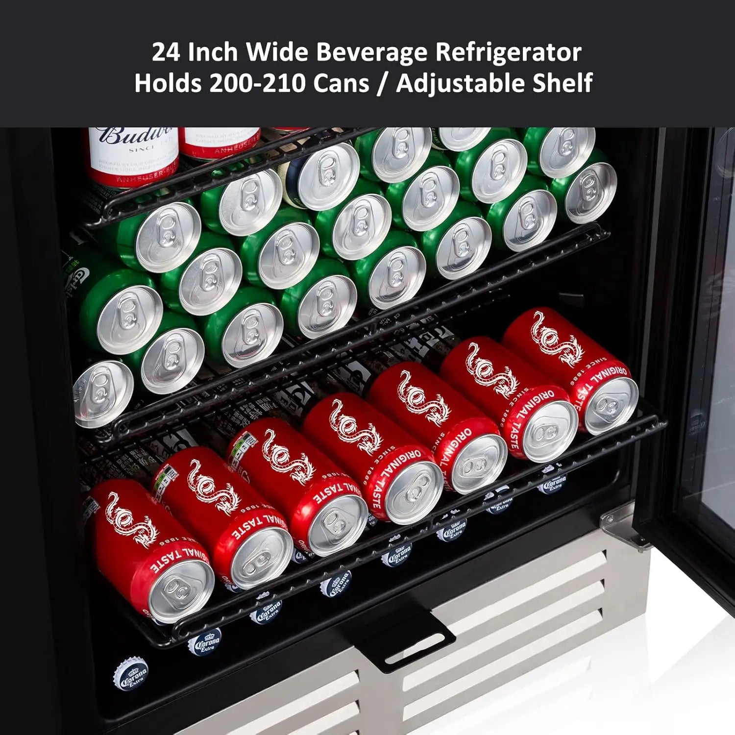 Torvani Store 24 Inch Beverage Refrigerator Cooler,210 Cans Wide Beverage and Beer Fridge with Glass Door and Powerful Cooling Compressor, Built-in/Freestanding Drink Fridge for Kitchen, Bar or Office