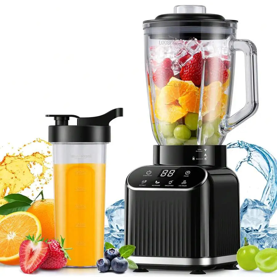 Professional Blender For Smoothies, 1200 Peak Watts Countertop Juicer, 5 Functions, 52 Oz Glass Jar & 24 Oz To-Go Cup Combo, Ble