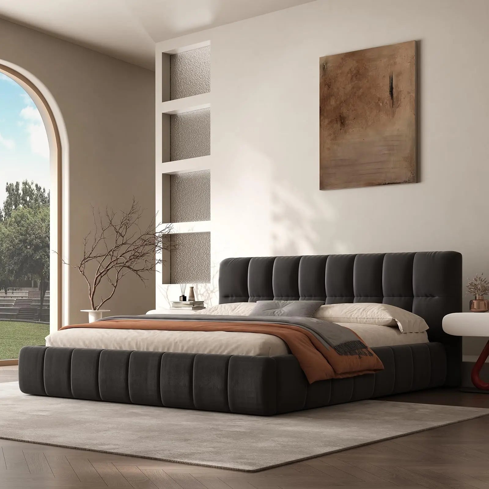 Queen Size Modern Cloud Platform Bed with 38.5-inch High Extra-Thick Soft Headboard, Includes Footboard, Block Design, Cream Uph
