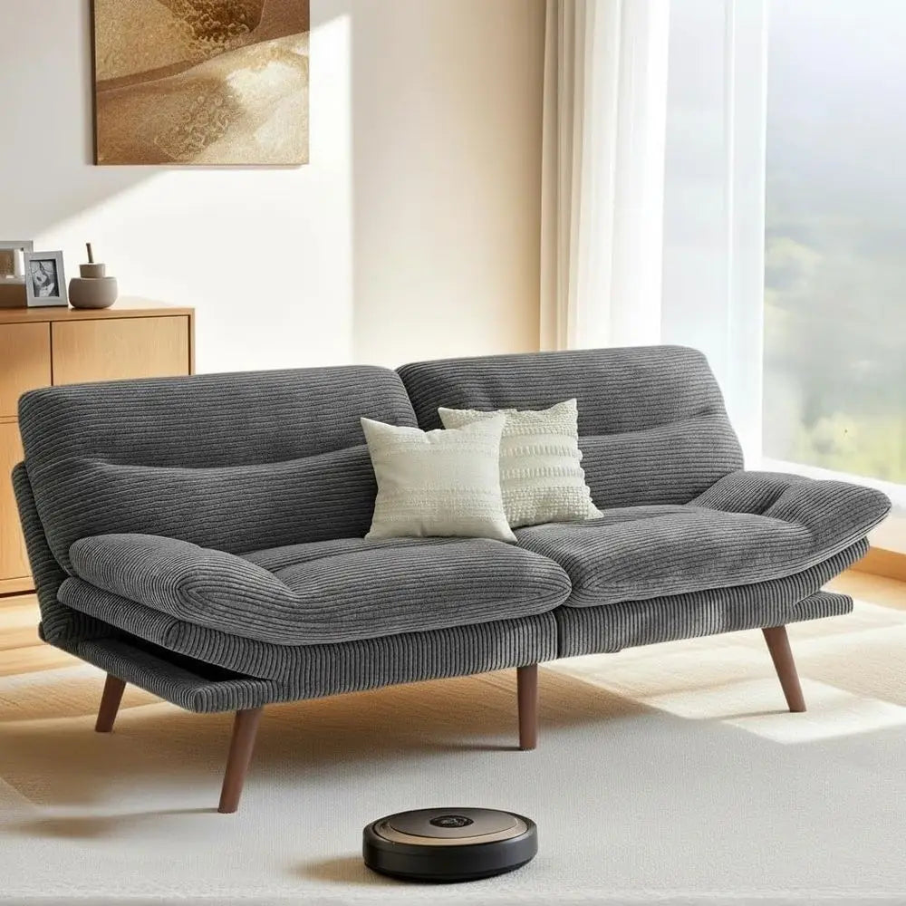 75 Inch Corduroy Sofa Bed with Adjustable Backrest and Armrests, Recliner Sleeper for Small Spaces, Living Room or Office (Grey)