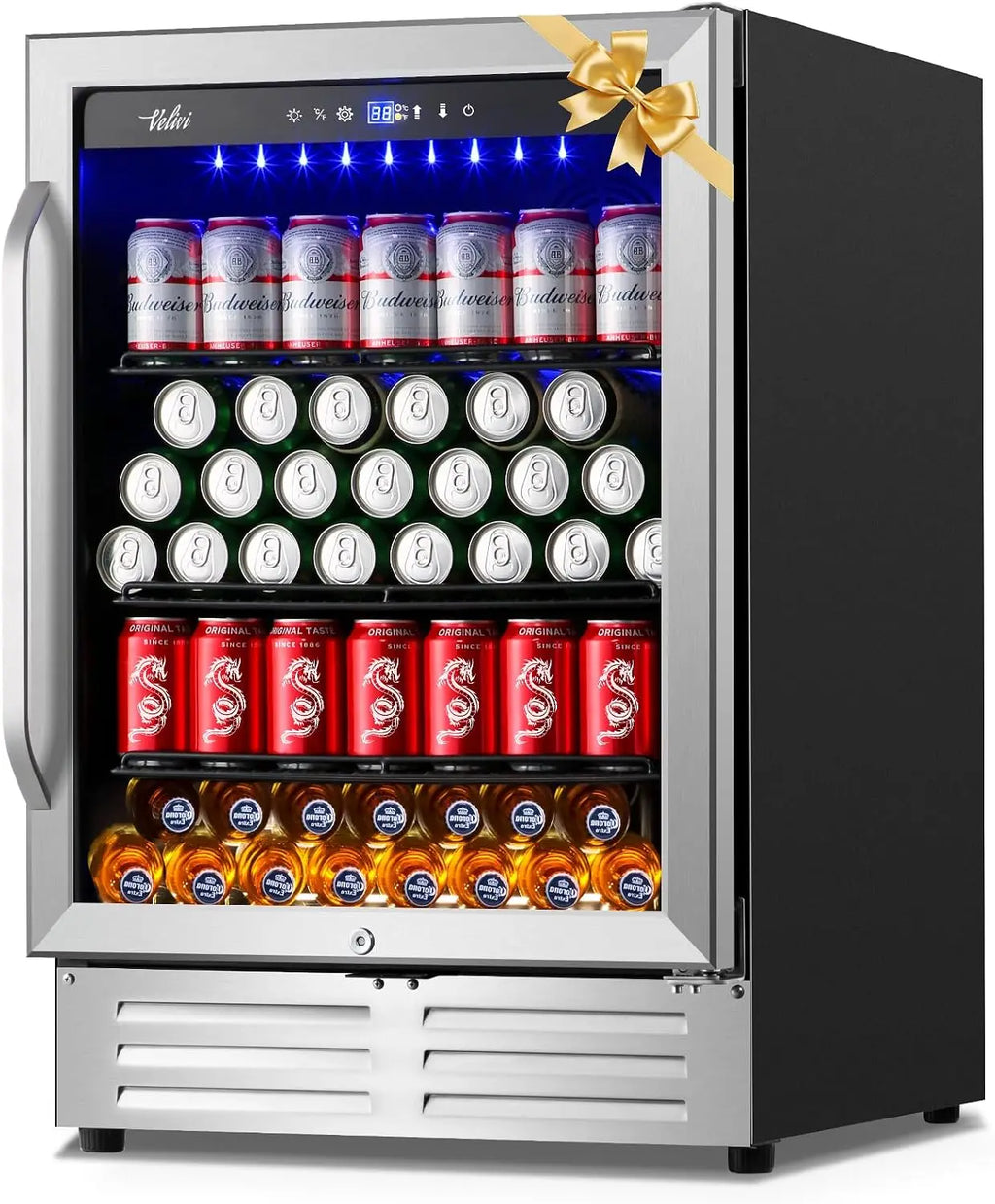 Torvani Store 24 Inch Beverage Refrigerator Cooler,210 Cans Wide Beverage and Beer Fridge with Glass Door and Powerful Cooling Compressor, Built-in/Freestanding Drink Fridge for Kitchen, Bar or Office