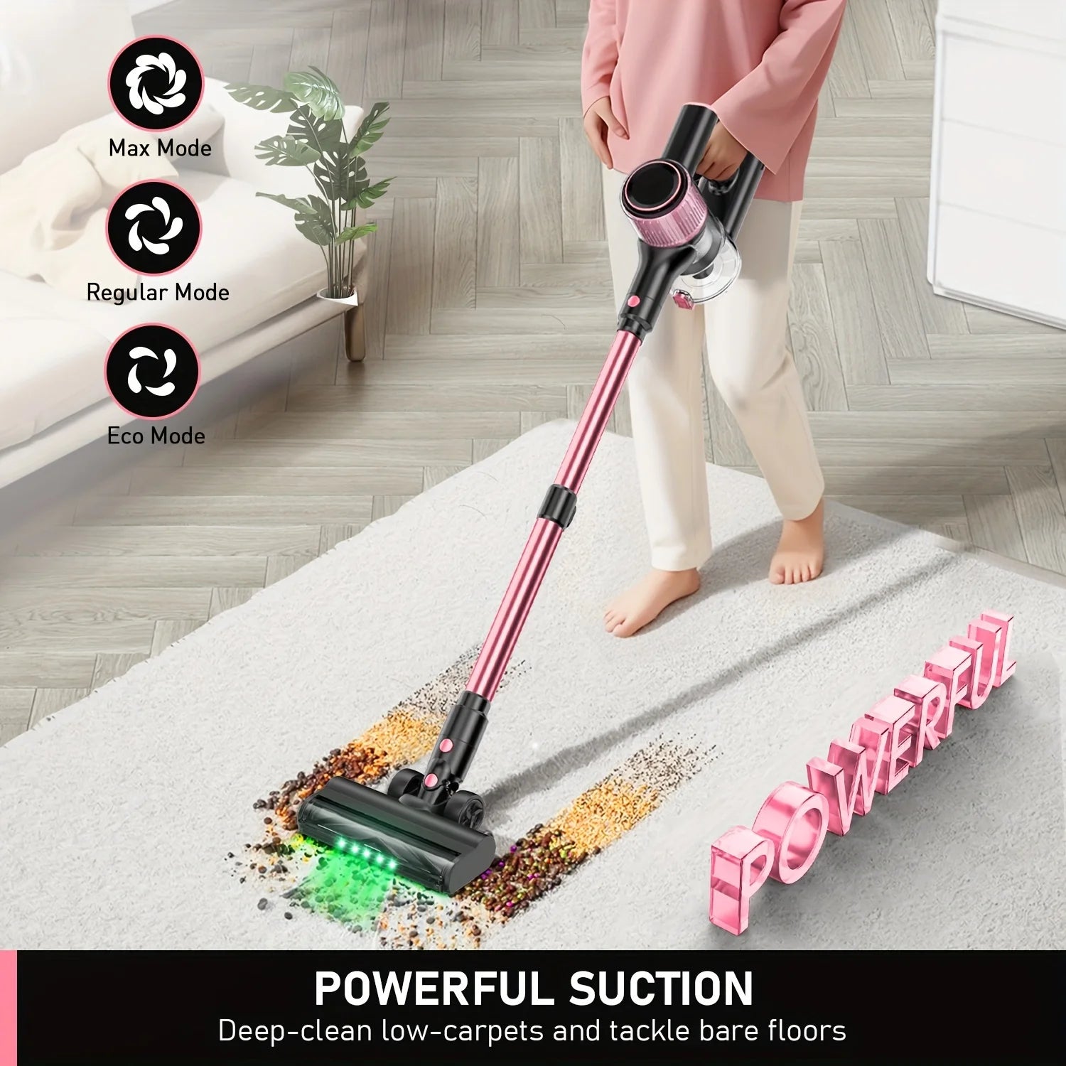Cordless Vacuum Cleaner, 8 in 1/45Kpa Powerful Suction Lightweight stick vacuum for Home，LED Display, 3 Suction Modes, Upgraded Anti-Tangle Brush and Green Light ，45Mins Detachable Battery Vacuum for Hard Floor Carpet Pet
