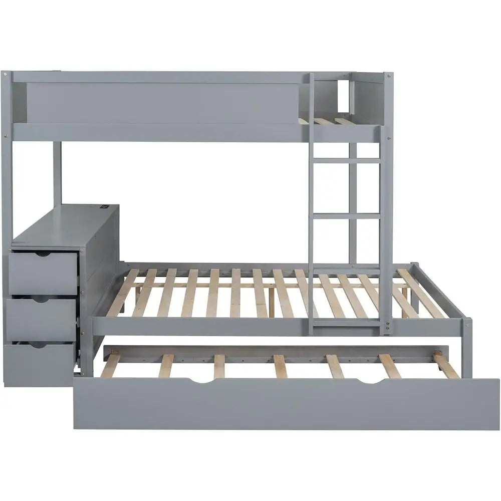 Gray Twin-Size Trundle Bunk Bed with Storage, Desk, and USB Ports