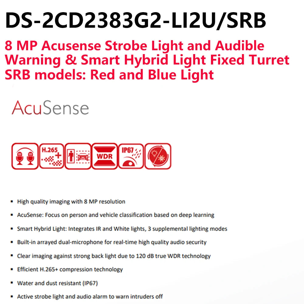 Hikvision 8MP IP Camera DS-2CD2383G2-LI2U/SRB Smart Hybrid Light Arrayed Mic Speaker Turret Acusense Red and Blue Light Warning
