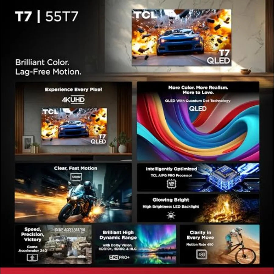 55 Inch Class T7 Series 4K QLED HDR Lag-free Smart Google TV 55T7, Latest Model 120Hz-144Hz High Brightness, Dolby Atmos, Alexa