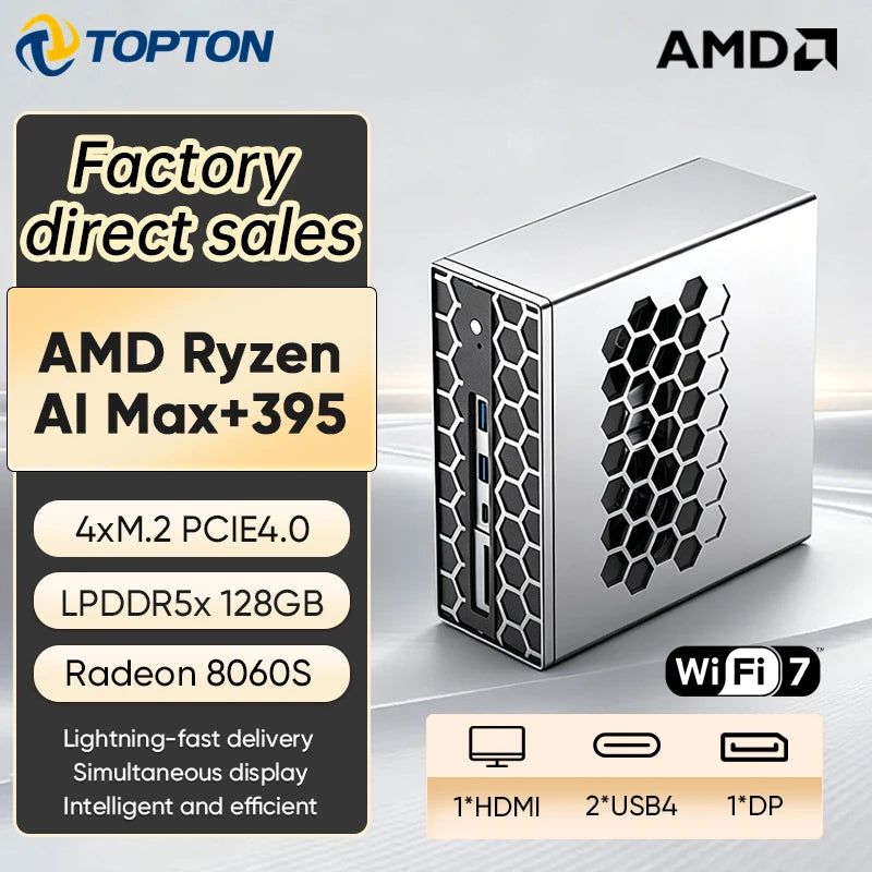Topton 128GB LPDDR5 Gaming AI Mini PC Ryzen AI Max+395 Radeon 8060S 4*M.2 PCIe4.0 NAS Desktop Computer Dual LAN 10G 2.5G WIFI7