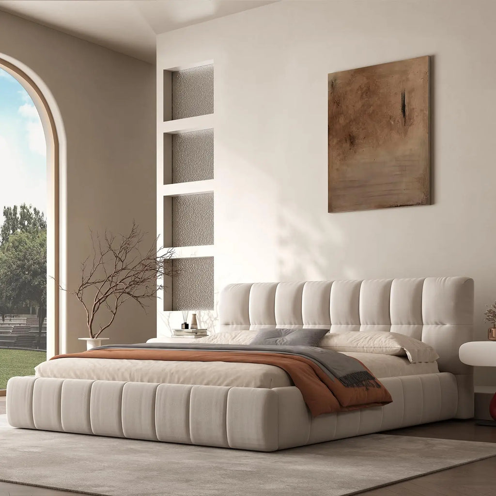 Queen Size Modern Cloud Platform Bed with 38.5-inch High Extra-Thick Soft Headboard, Includes Footboard, Block Design, Cream Uph