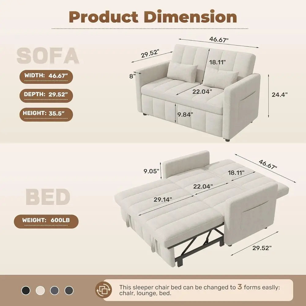 Sleeper Soa Bed,3-in-1 Convertible Pull Out Couch with Adjustable Backrest or Living Room,Loveseat Soa Bed with Side kets,Easy A