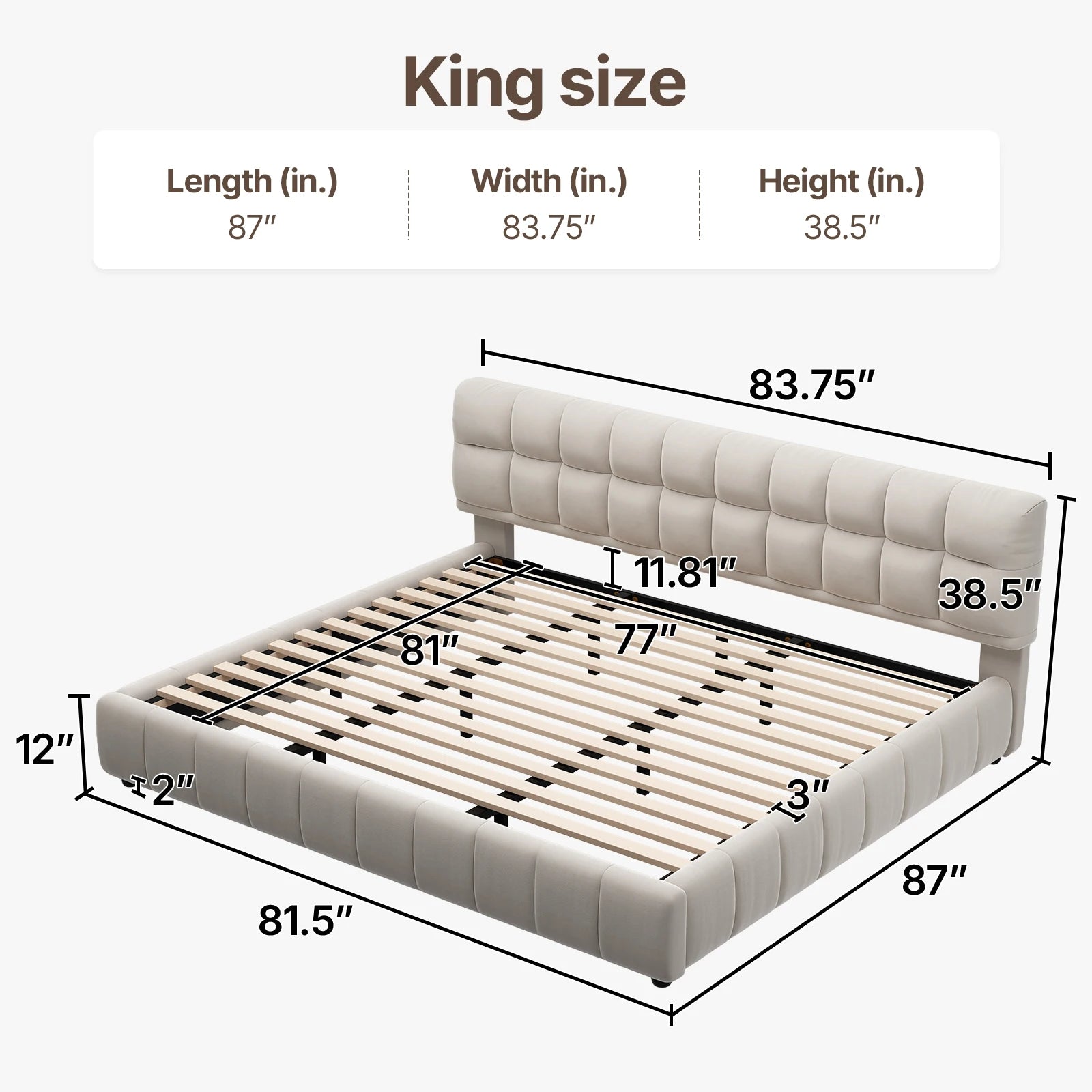 Queen Size Modern Cloud Platform Bed with 38.5-inch High Extra-Thick Soft Headboard, Includes Footboard, Block Design, Cream Uph