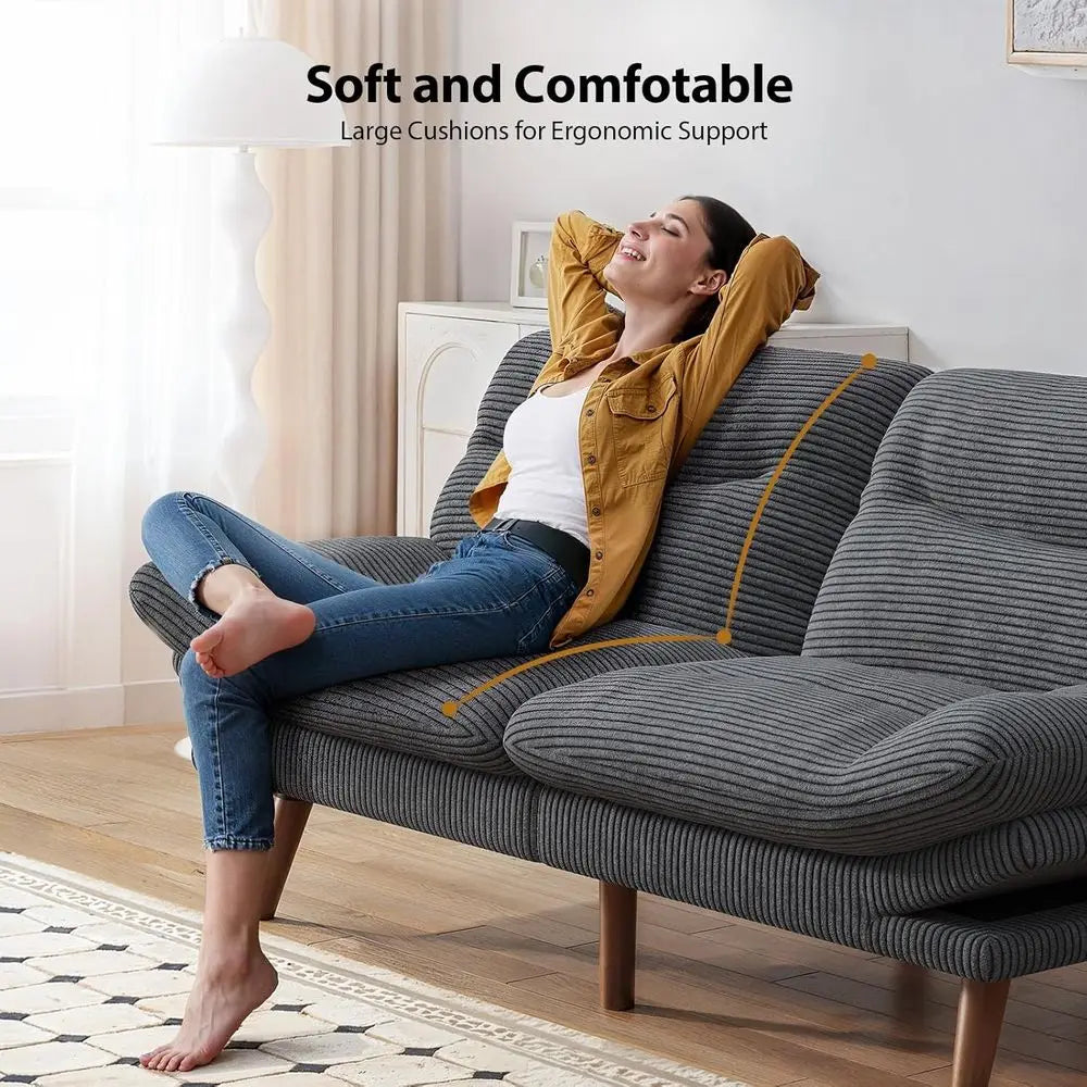 75 Inch Corduroy Sofa Bed with Adjustable Backrest and Armrests, Recliner Sleeper for Small Spaces, Living Room or Office (Grey)