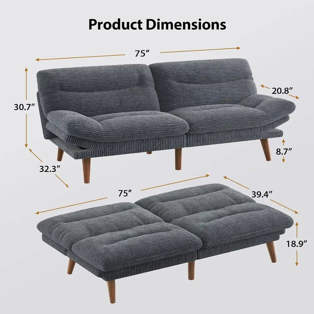 75 Inch Corduroy Sofa Bed with Adjustable Backrest and Armrests, Recliner Sleeper for Small Spaces, Living Room or Office (Grey)