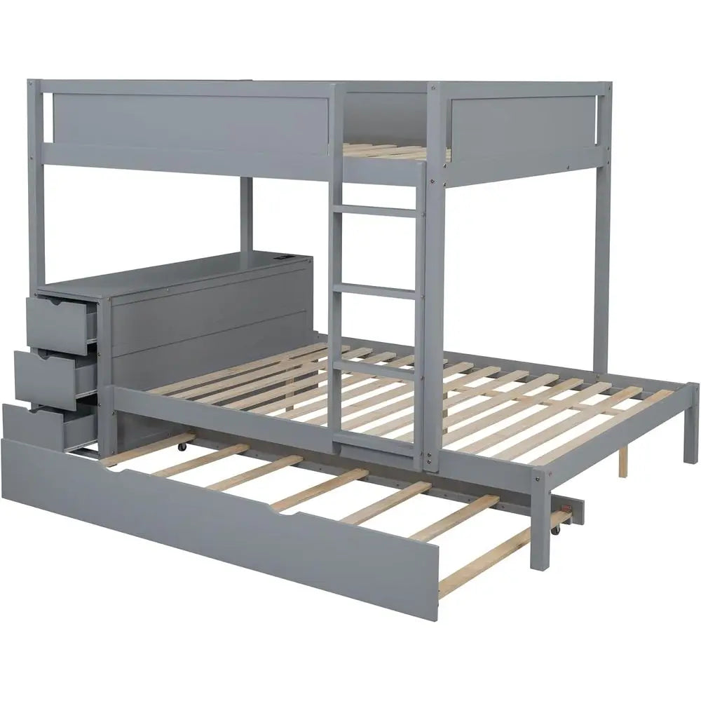 Gray Twin-Size Trundle Bunk Bed with Storage, Desk, and USB Ports