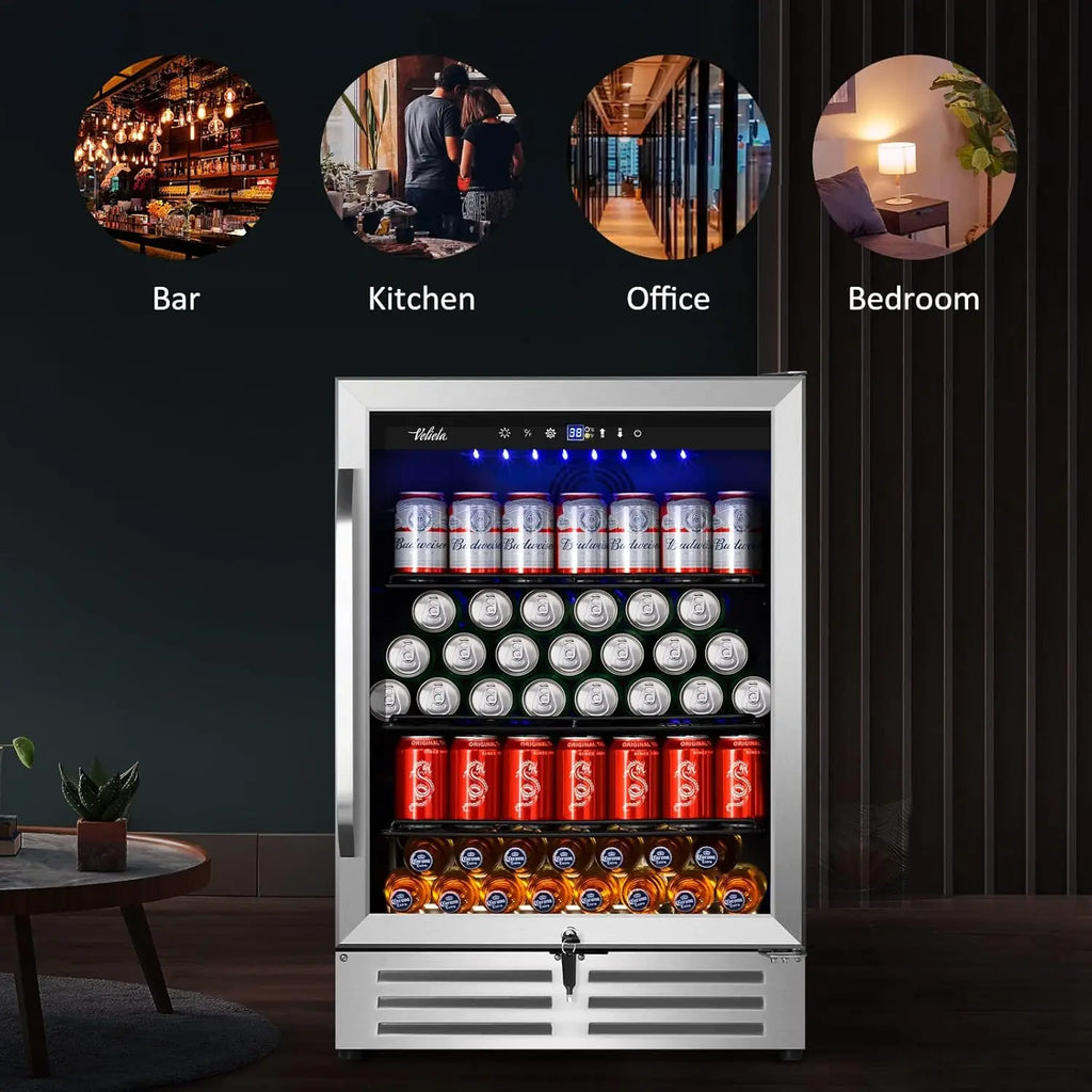 Torvani Store 24 Inch Beverage Refrigerator Cooler,210 Cans Wide Beverage and Beer Fridge with Glass Door and Powerful Cooling Compressor, Built-in/Freestanding Drink Fridge for Kitchen, Bar or Office