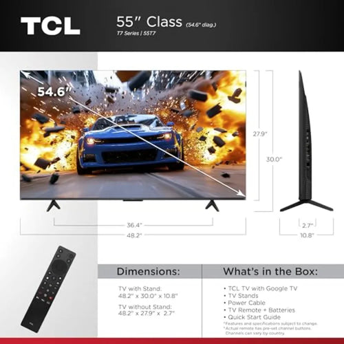 55 Inch Class T7 Series 4K QLED HDR Lag-free Smart Google TV 55T7, Latest Model 120Hz-144Hz High Brightness, Dolby Atmos, Alexa
