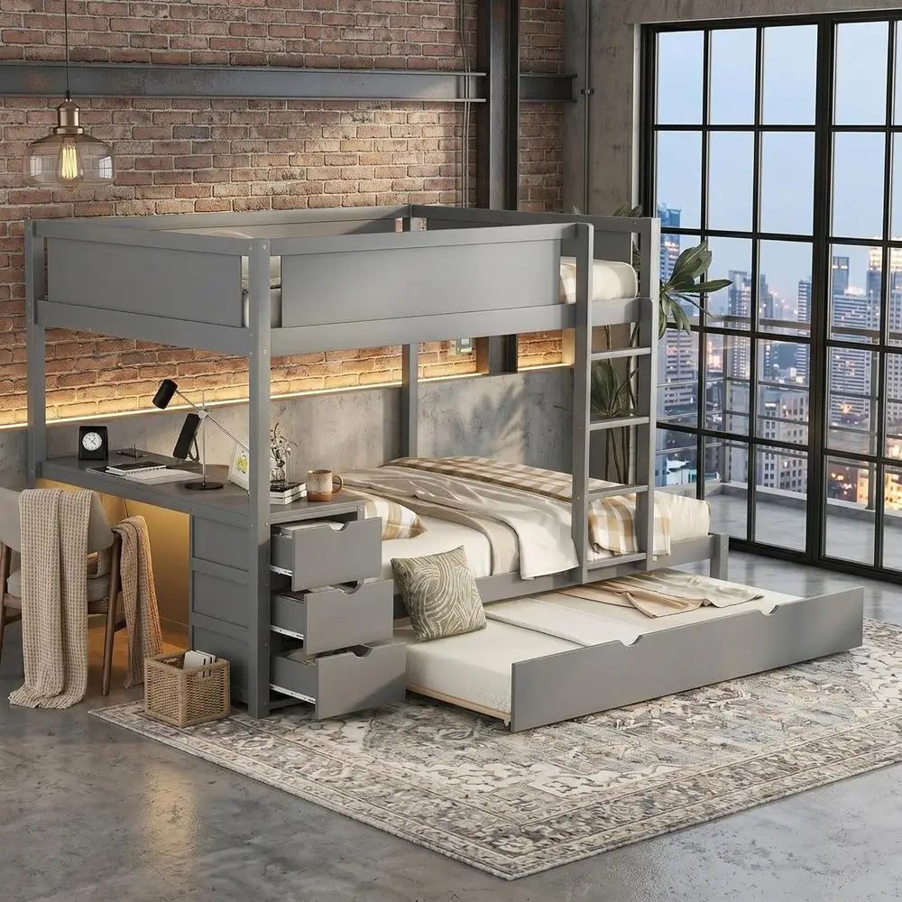Gray Twin-Size Trundle Bunk Bed with Storage, Desk, and USB Ports