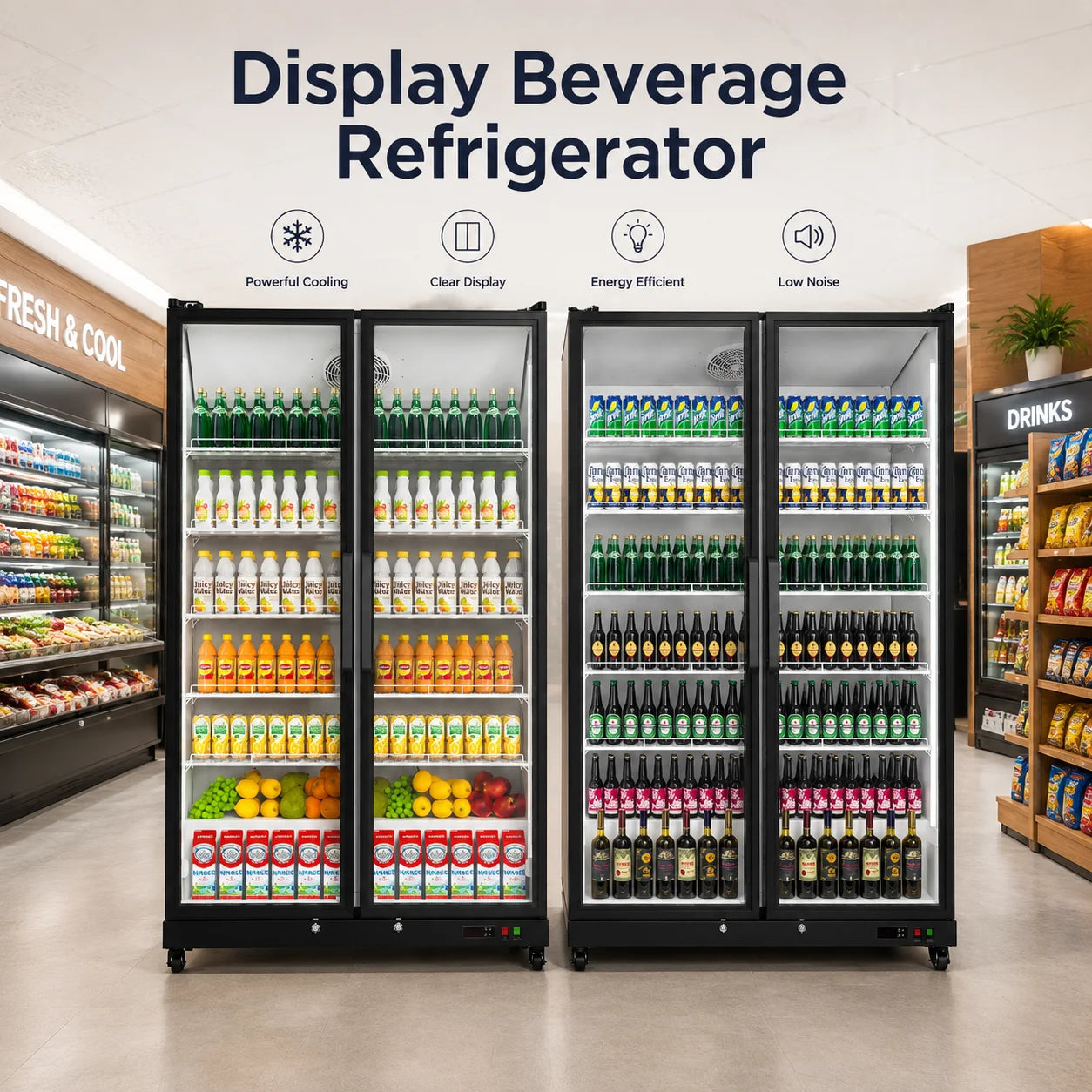 768/1070L Display Beverage Refrigerator 27.12/37.79 Cu.ft Double-door large capacity vertical refrigerated beverage cooler For medium/large supermarkets/stores