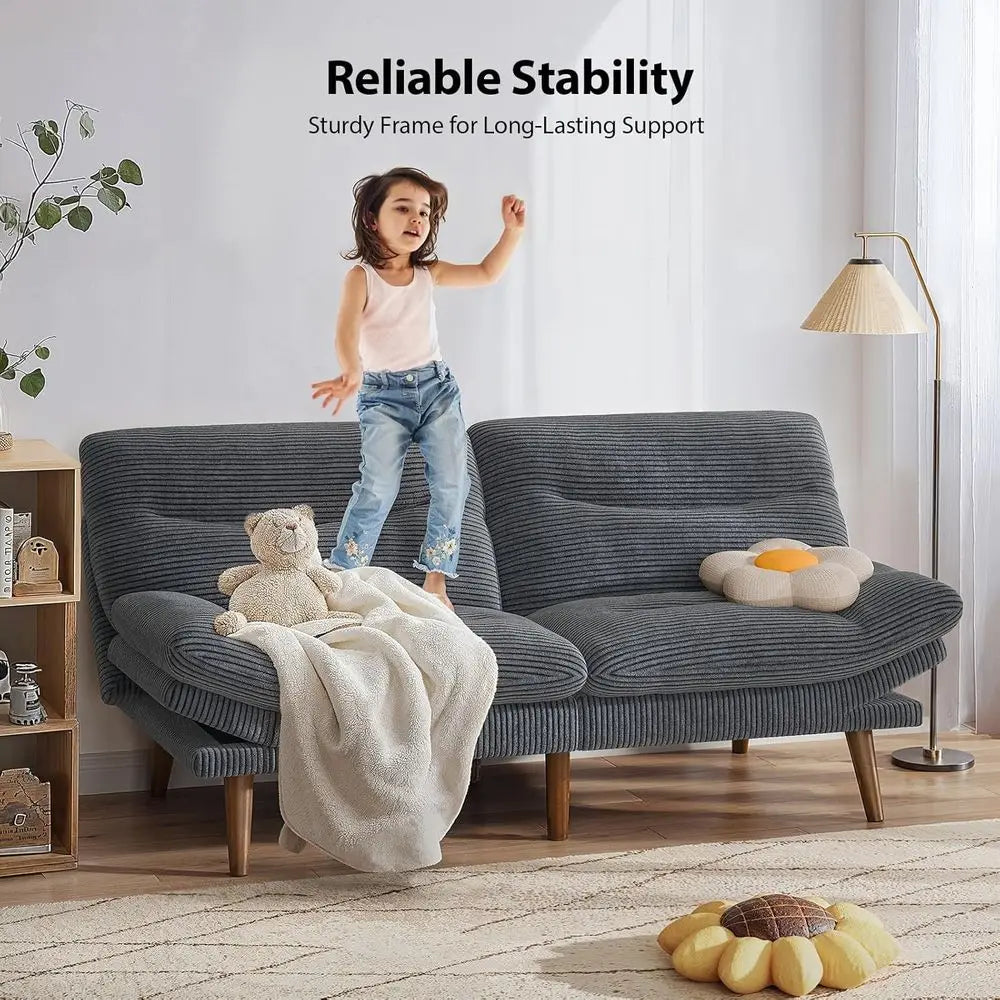 75 Inch Corduroy Sofa Bed with Adjustable Backrest and Armrests, Recliner Sleeper for Small Spaces, Living Room or Office (Grey)