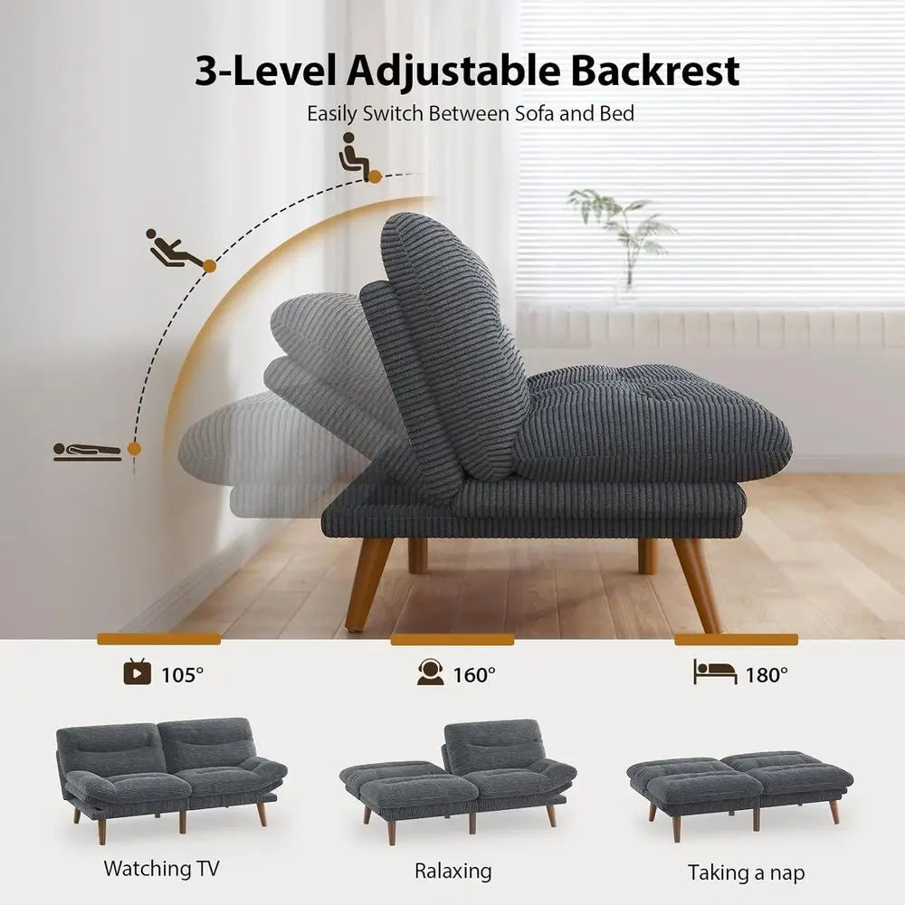 75 Inch Corduroy Sofa Bed with Adjustable Backrest and Armrests, Recliner Sleeper for Small Spaces, Living Room or Office (Grey)