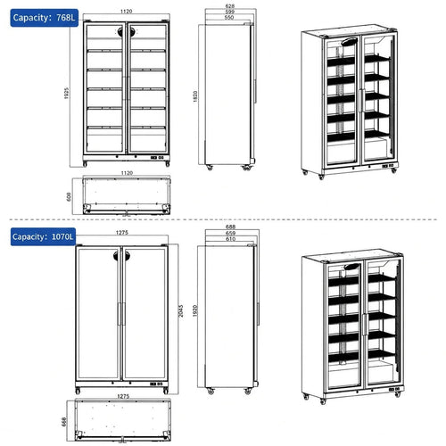 768/1070L Display Beverage Refrigerator 27.12/37.79 Cu.ft Double-door large capacity vertical refrigerated beverage cooler For medium/large supermarkets/stores